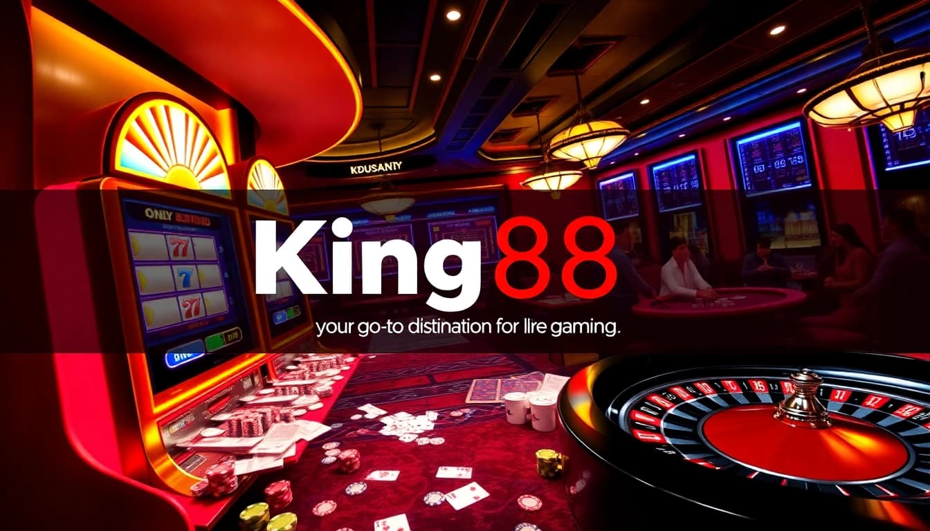 Engaging King88 casino scene with vibrant slot machines and intense poker action.