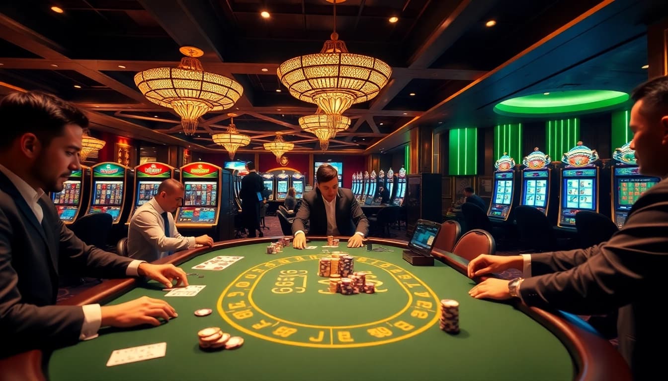 KJC-themed casino gameplay showcasing vibrant poker chips and slot machines amidst a luxurious setting.