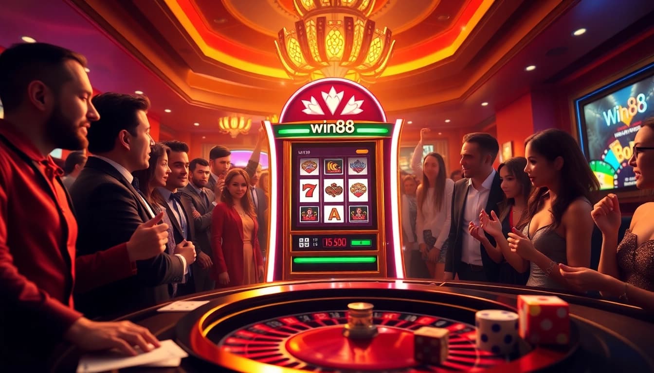 Players enjoying the win88 slot machine at a vibrant casino, capturing excitement and engagement.