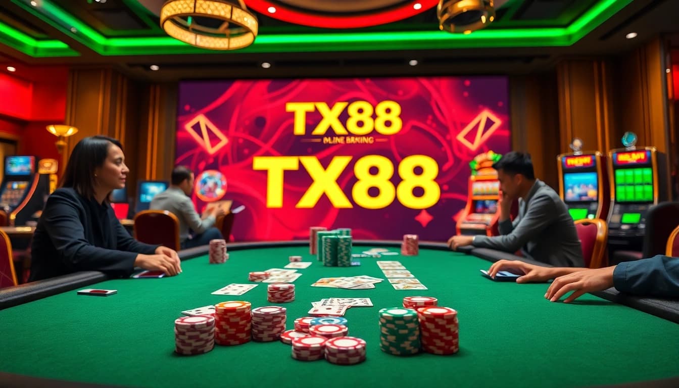 Experience the excitement of gambling at TX88.network with vibrant poker games and casino visual elements.