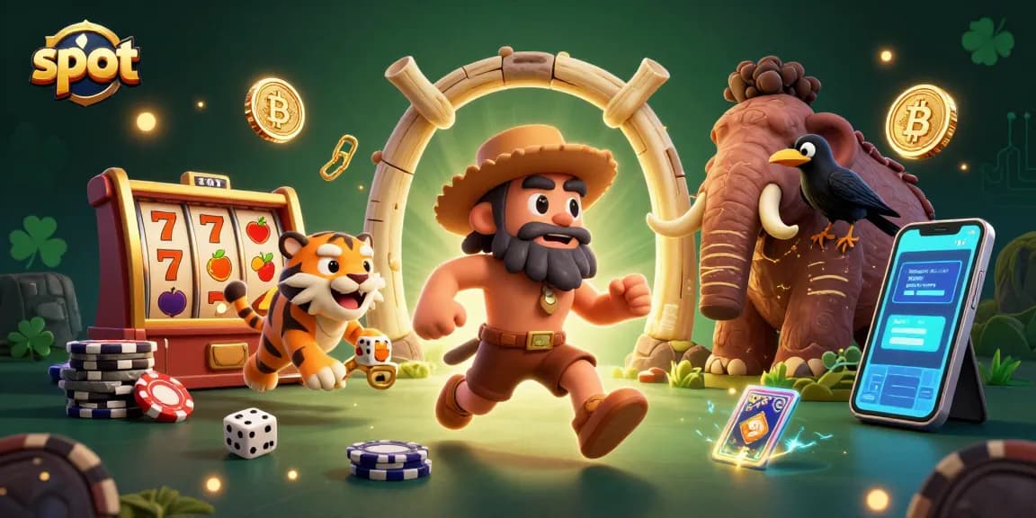 Spin the reels at this vibrant prehistoric casino, featuring the keyword slot amidst fun cartoon characters and gaming elements.