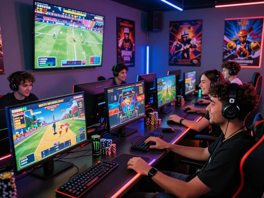 Friends enjoying online gaming at BL555 with vibrant screens and gaming tokens.