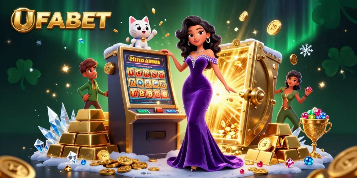 Experience ultimate excitement with UFABET's jackpot slots illustrated by a glamorous woman celebrating wins.