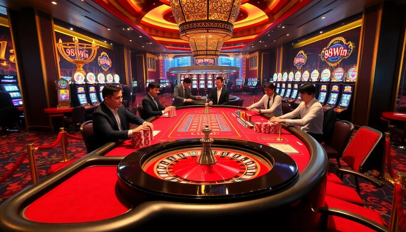 Action-packed casino scene showcasing thrilling games at 98win, with professional croupiers and excited players.