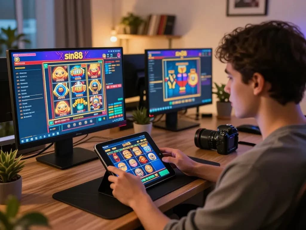 Playing sin88 slot games on a tablet in a cozy home office setting.