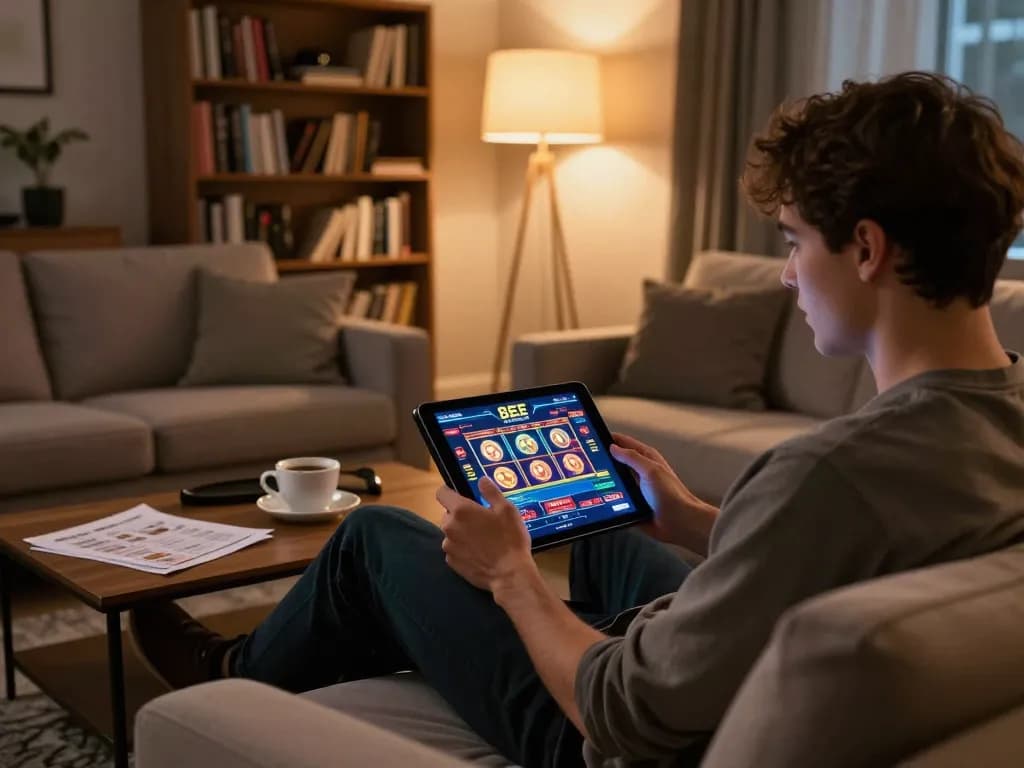 Engaging gameplay on 8EEE plataforma from the comfort of home, player focused on exciting casino action