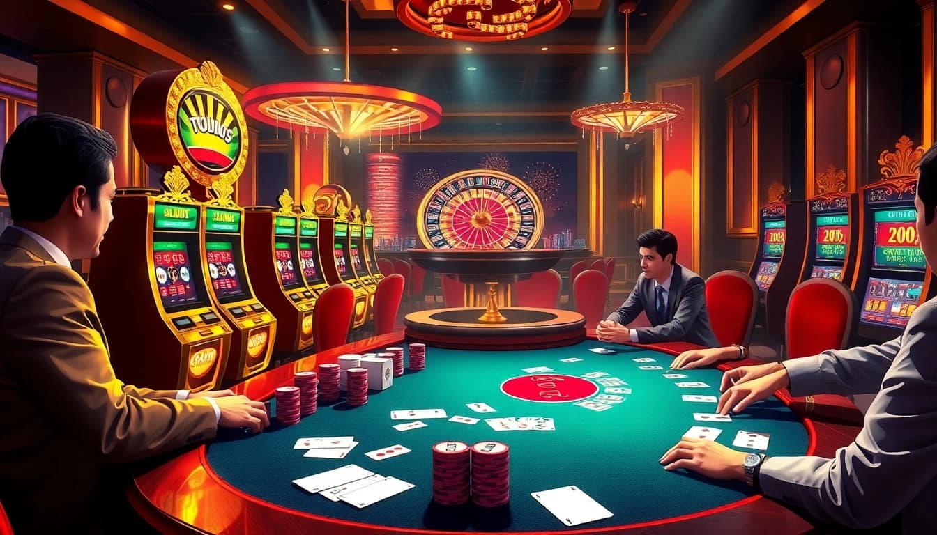 Alo 789 players celebrate a thrilling win at the vibrant casino tables with poker chips and slots.