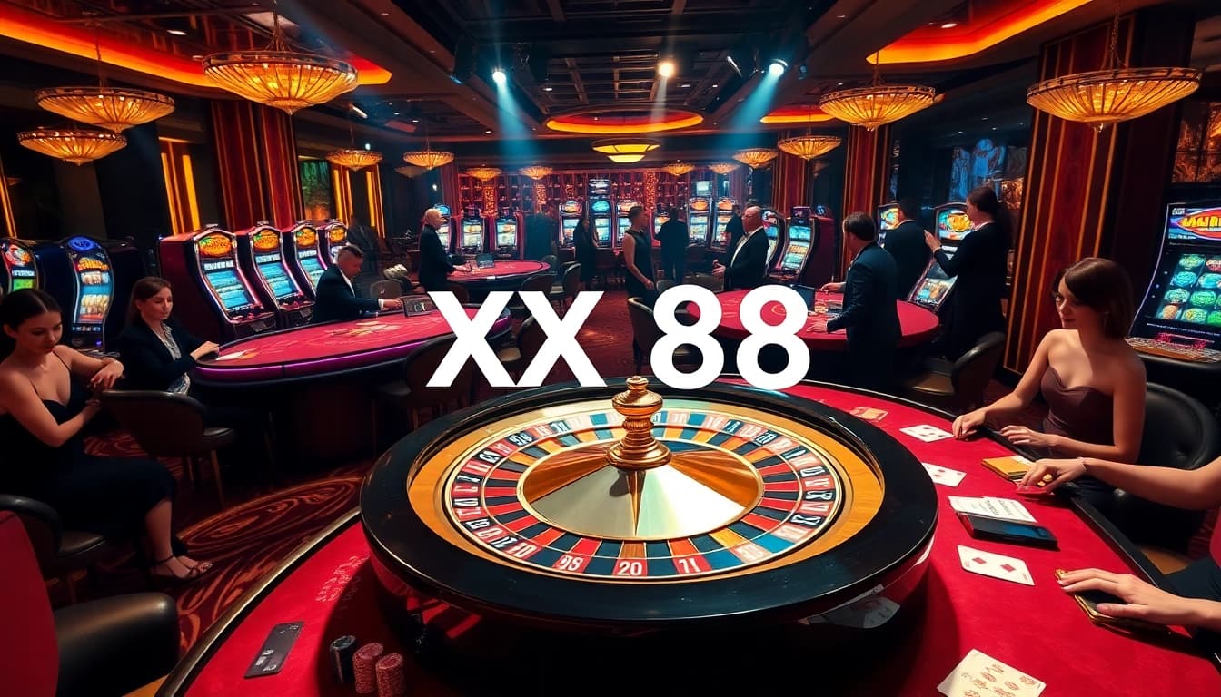 Play exciting games at XX88 with vibrant casino tables and a roulette wheel.