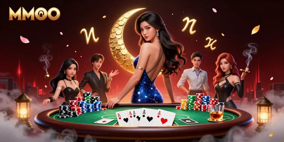 MMOO offers an immersive casino experience with an elegant Asian woman at a vibrant poker table.