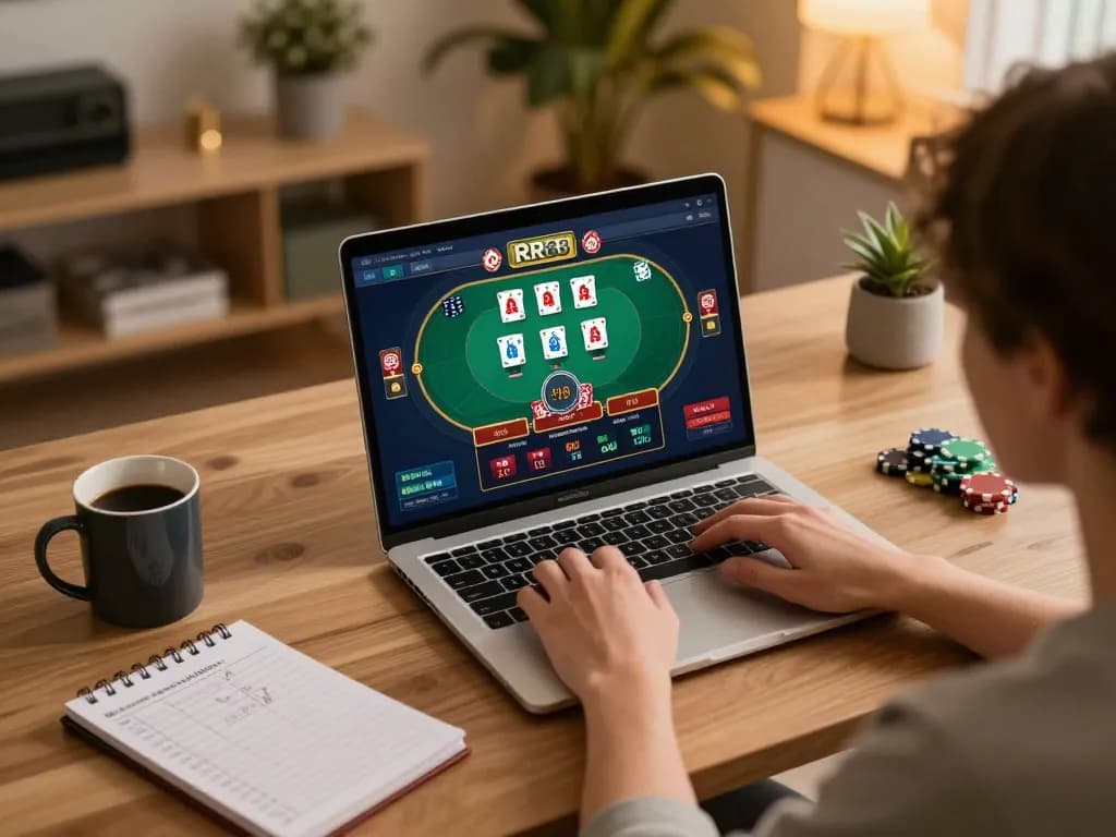 Player engaging with the RR88 online casino interface on a laptop, displaying an inviting home gaming environment.