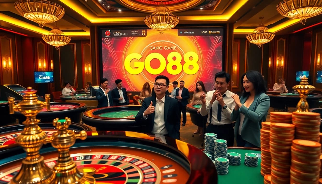 Excited players enjoying a thrilling gambling experience at Cổng Game GO88, showcasing poker chips and roulette.