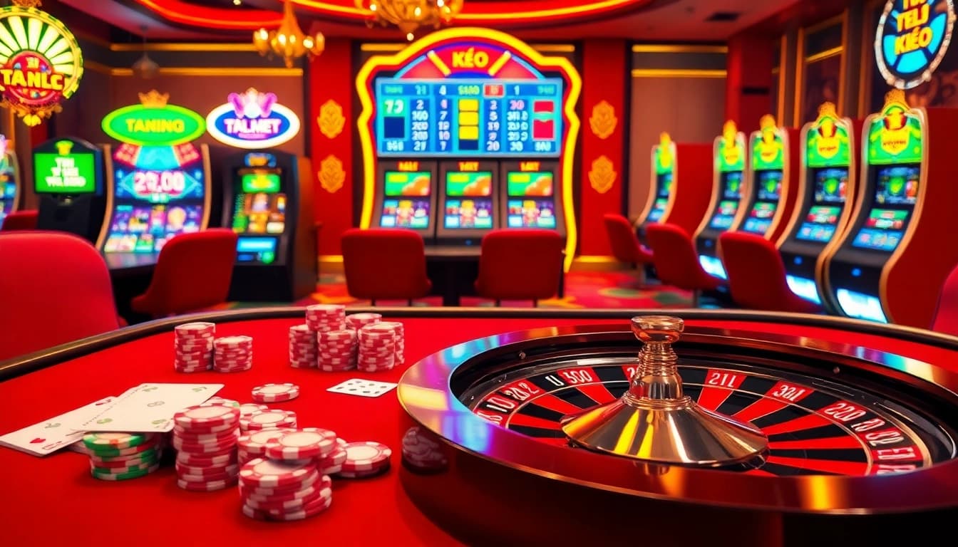 Tỷ lệ kèo displayed prominently on a professional casino table with vibrant poker chips and cards.
