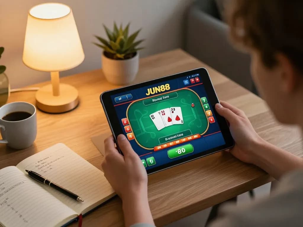 Player engaging with the JUN88 casino app on a tablet, enjoying a poker game in a cozy home setting.