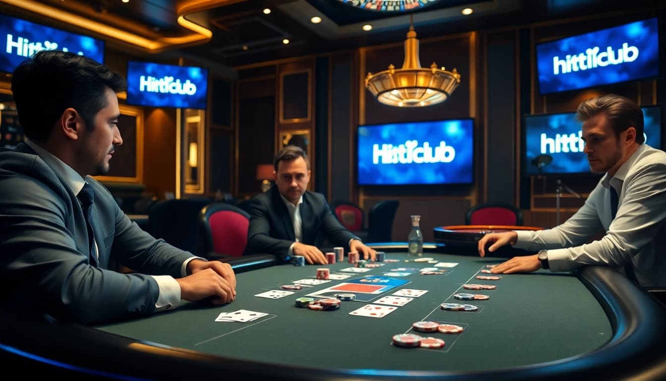 Professional gamblers at a high-stakes poker table showcasing the excitement of hitclub.