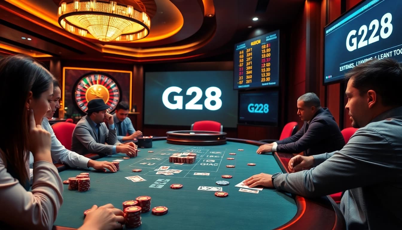 Players enjoying poker at a vibrant table, showcasing excitement at https://g28.tech/ casino experience.