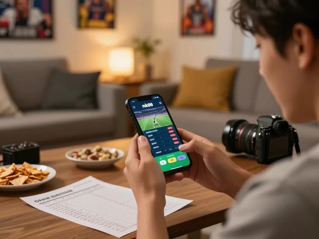 Person placing bets on the nk88 app during a live sports event, showcasing an exciting sports betting experience.