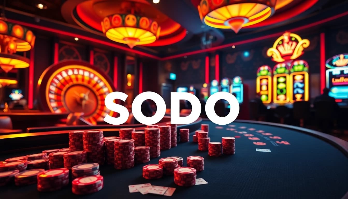 SODO Casino: Players enjoying a thrilling game of blackjack amidst vibrant casino tables and slot machines.