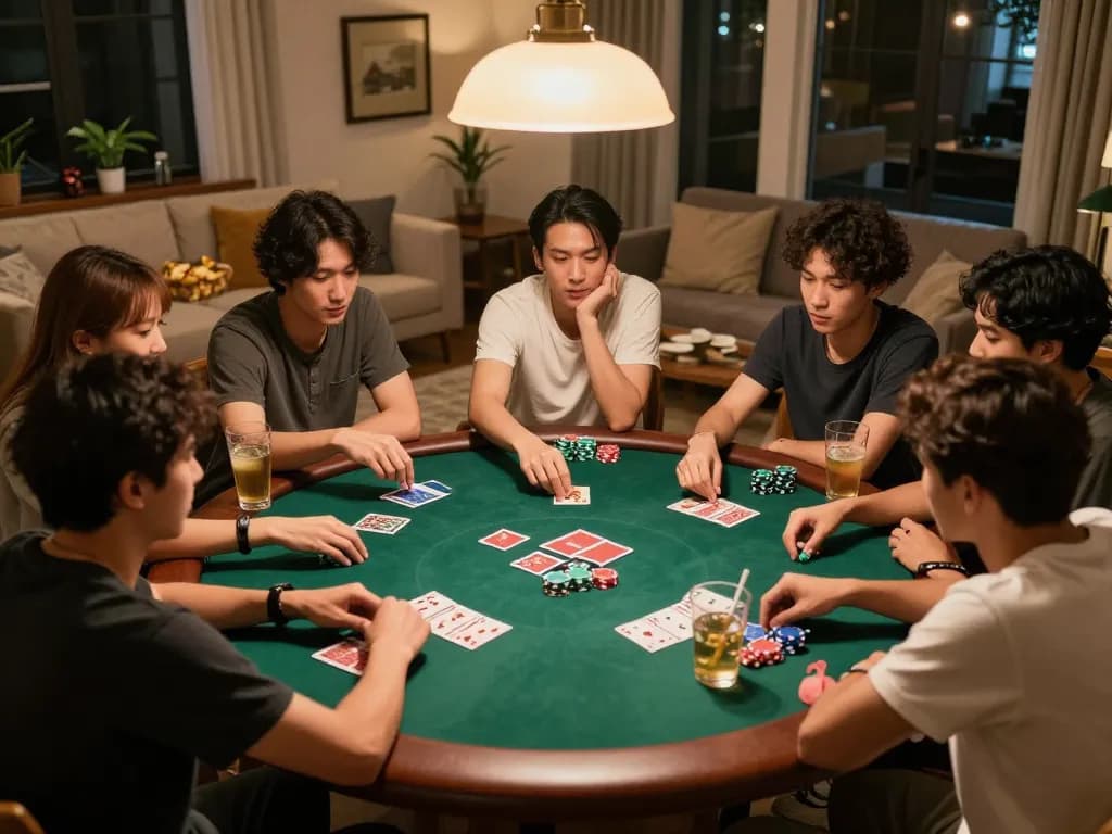 Friends engaged in a poker game at home, highlighting sc88's social gambling atmosphere