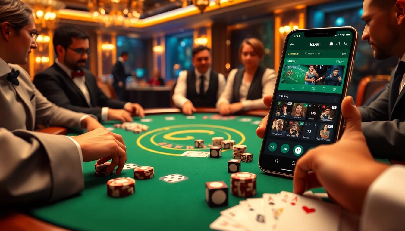 Engaged players at a poker table featuring the e2bet app in a luxurious casino scene.