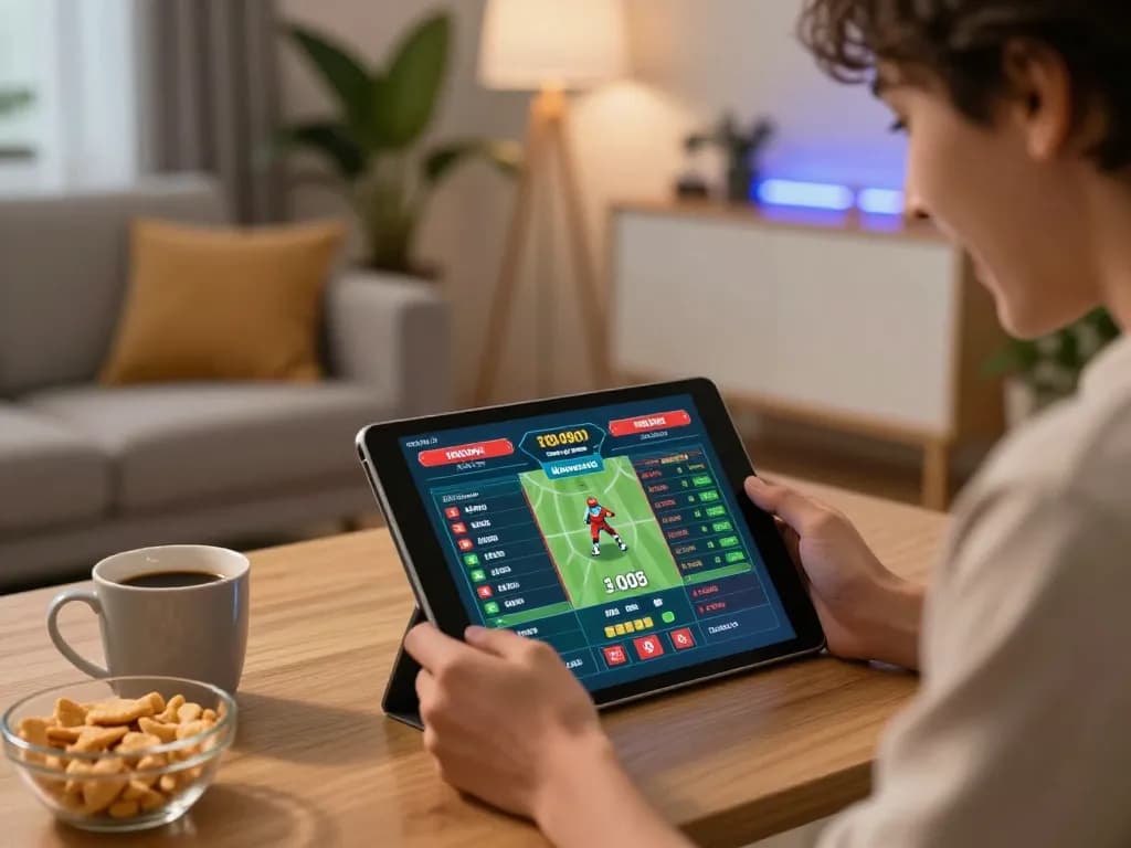 va88 user enjoying sports betting on tablet at home, engaging with thrilling odds and cozy atmosphere