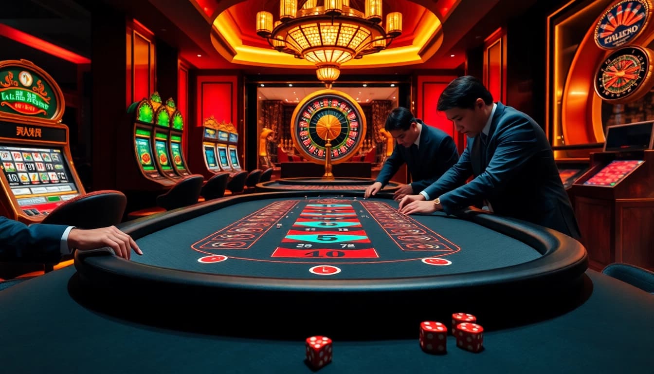 Tài xỉu MD5 gaming table with players betting excitingly in a luxurious casino.