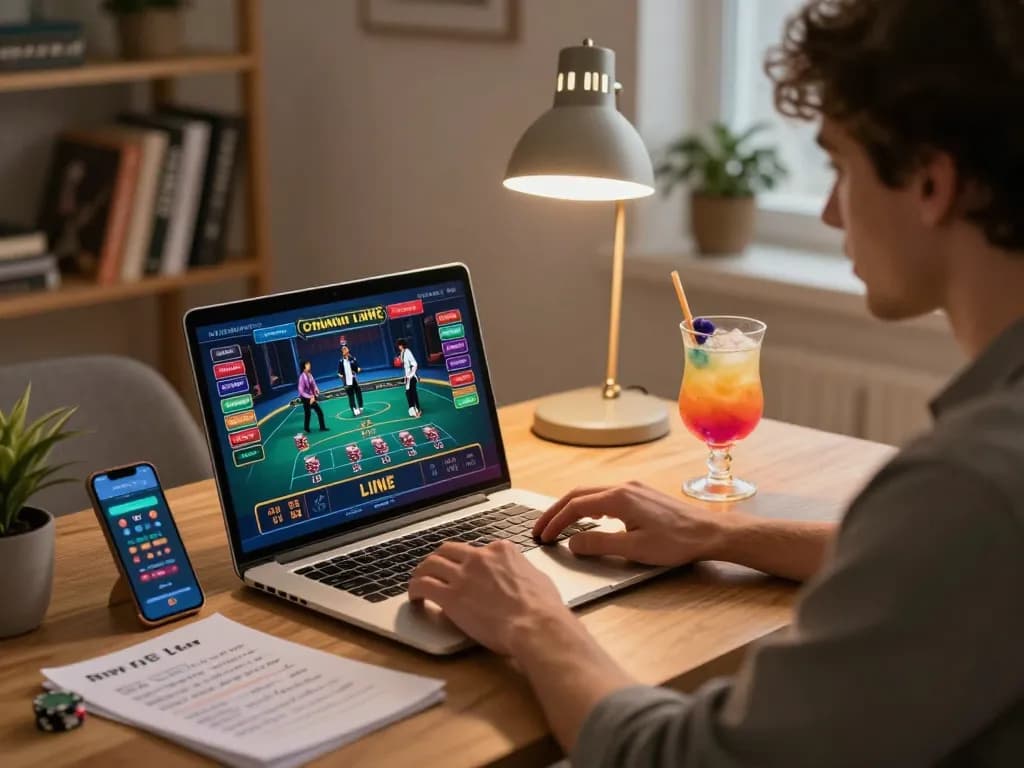 Experience online casino excitement with fly 88 as a player engages in live dealer gameplay from a stylish home setup.