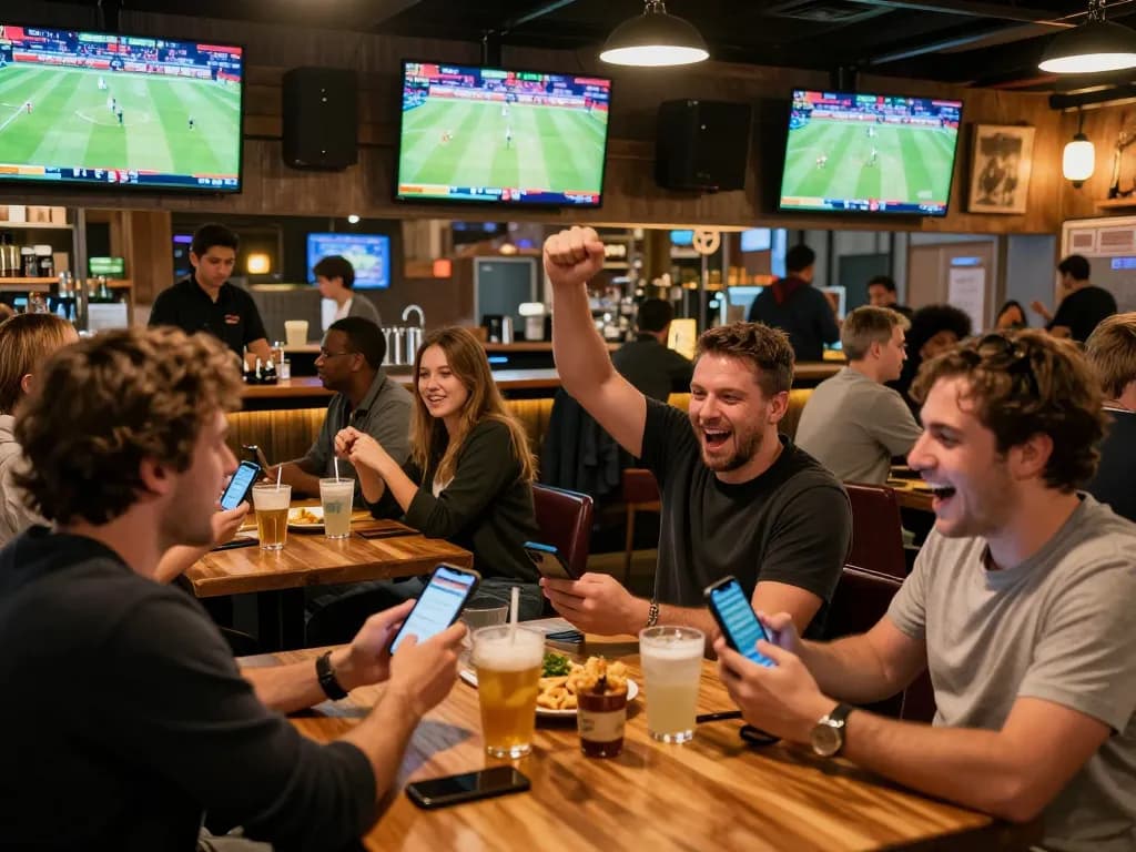 Excited bettors enjoying thể thao mb66 at a modern sports bar, showcasing lively atmosphere and live sports events.
