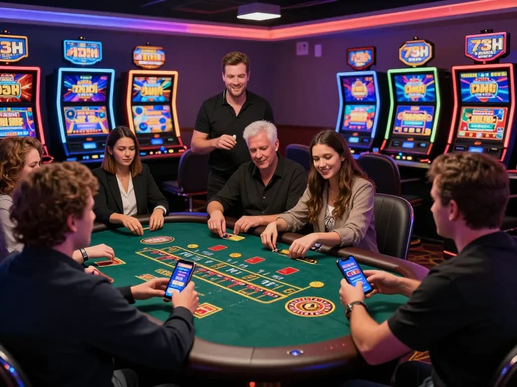 Exciting gaming experience at https://73h.br.com/ with diverse players engaged at live casino tables and colorful slot machines.