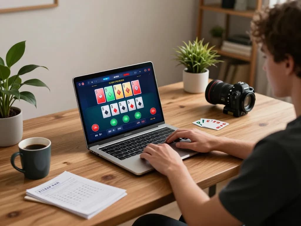 Player engaged in strategic poker game at home using laptop for bl555 online gaming, showcasing an inviting atmosphere