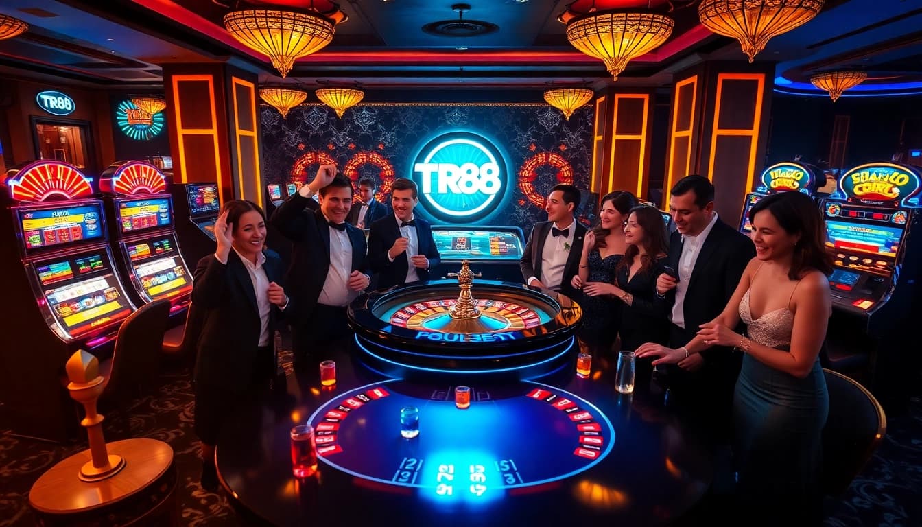 Gamblers engaging at a luxurious casino table with TR88 branding, surrounded by slot machines and roulette.