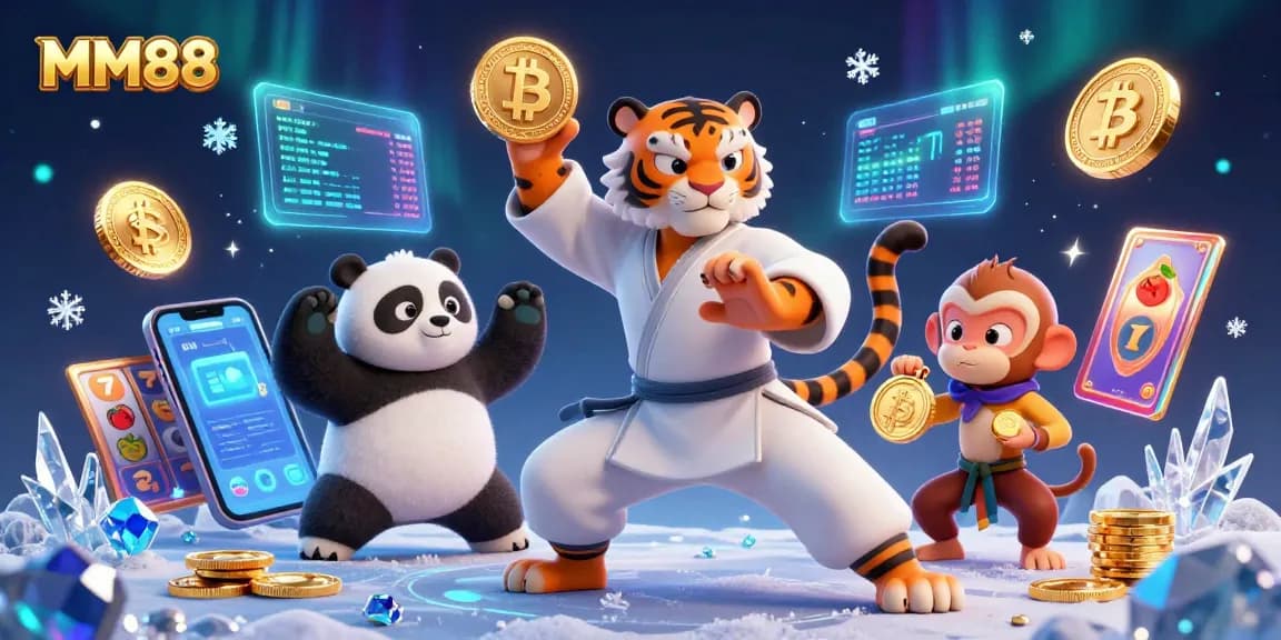 MM88 showcases a vibrant 3D casino scene with kung fu characters, slot elements, and cryptocurrency.
