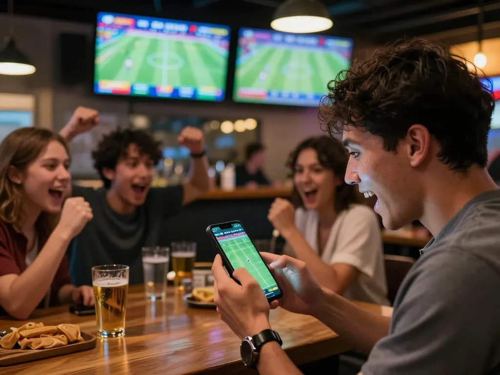 Betting on football while watching a live match in a lively sports bar atmosphere.