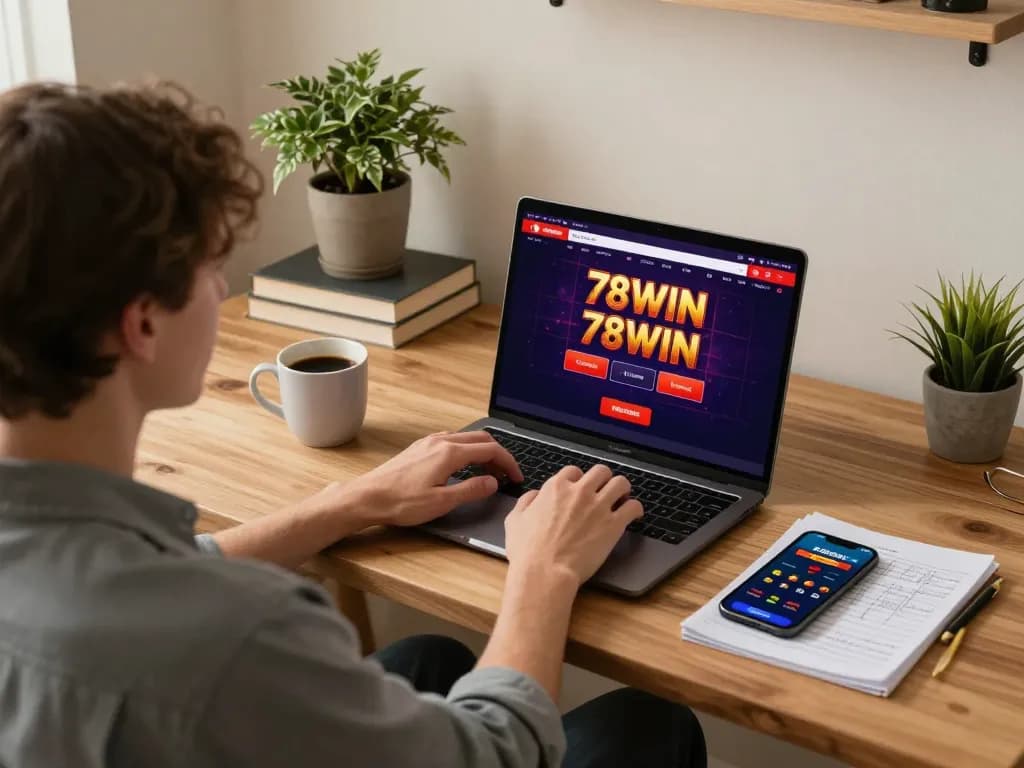 Player engaging in online gameplay at 78WIN with a warm home office setting focused on strategy.