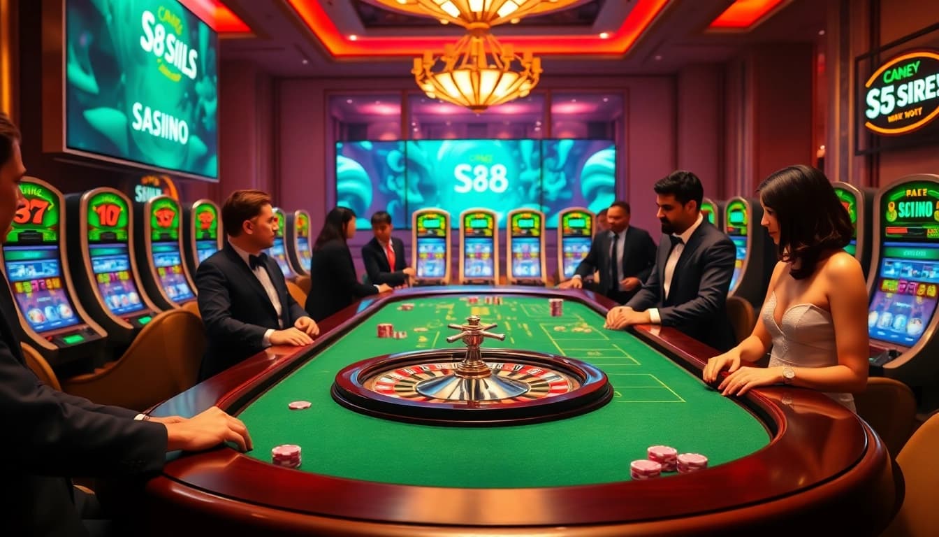 S8 casino scene showcasing a vibrant gaming table filled with action, chips, and excitement.