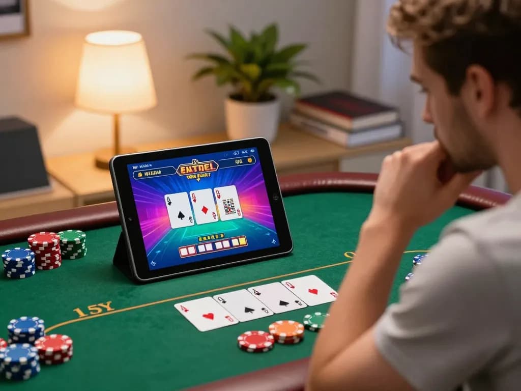 Sunwin online player strategizing in a cozy gaming setup during an exciting poker game.
