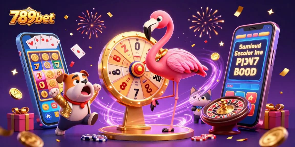 Experience the excitement at 789bet with a lively cartoon scene of gaming, prizes, and celebrations.
