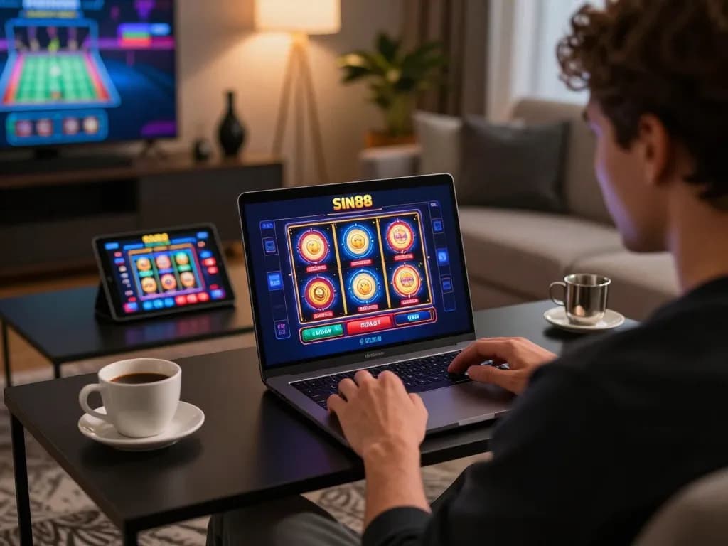 Experience immersive gaming at Sin88 with a user enjoying online slots in a cozy living room