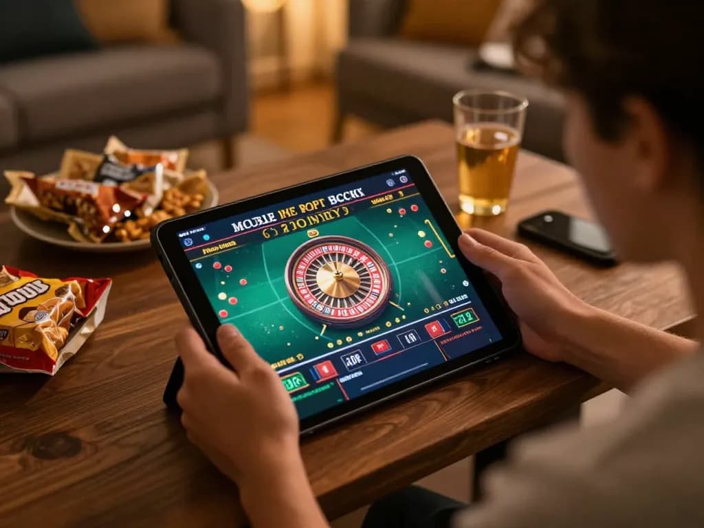 Participating in online gaming at home using abc8go app for live roulette, cozy atmosphere.