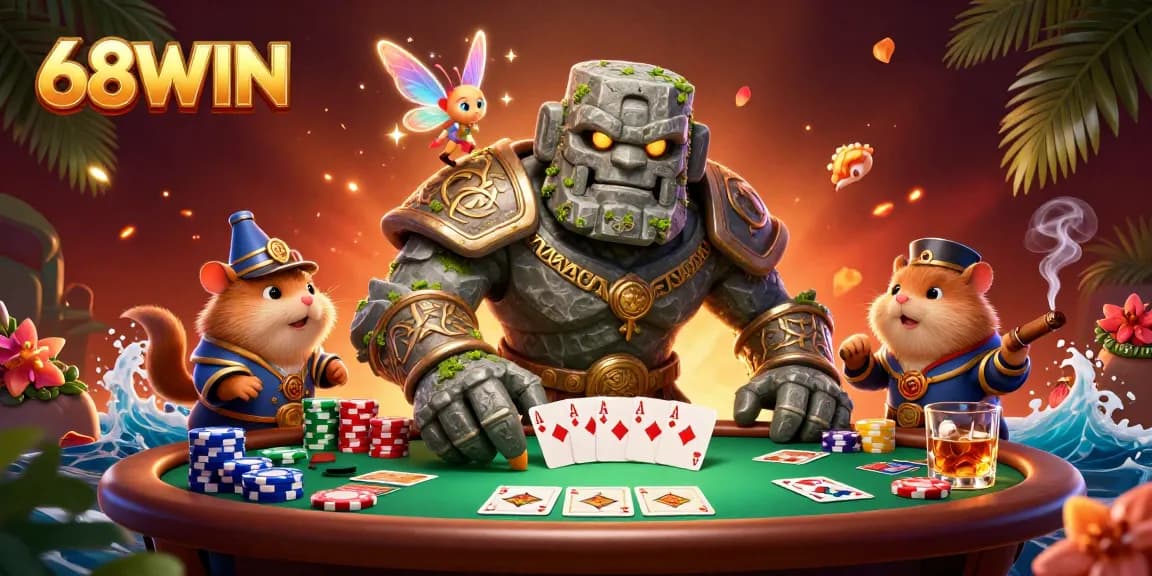 Experience excitement with 68WIN at a vibrant poker table with magical characters.