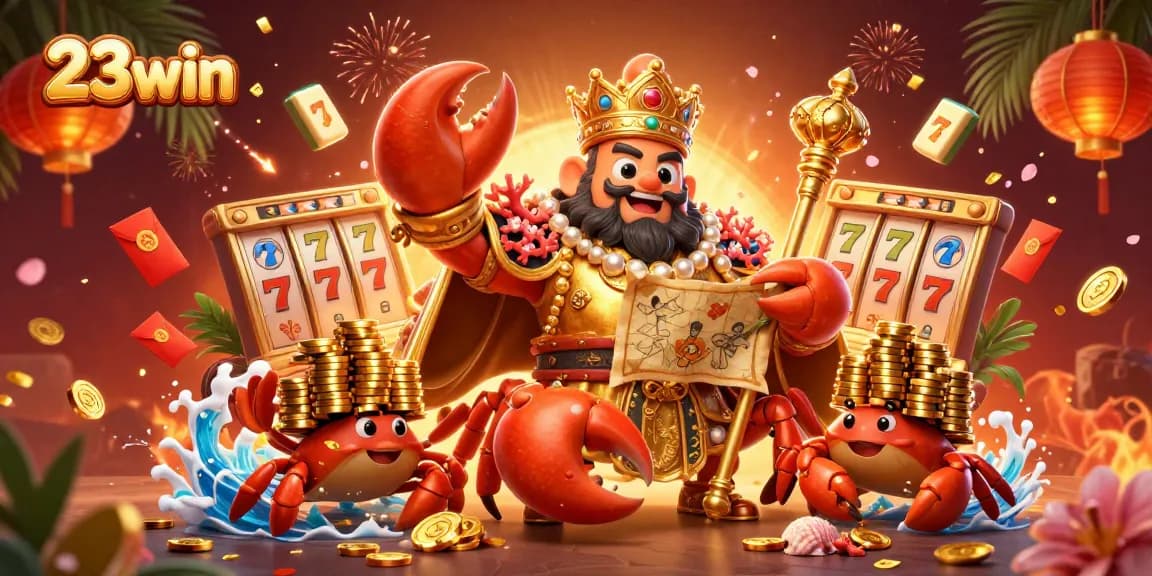 Experience the excitement of 23win with a golden crab emperor surrounded by lavish casino elements.