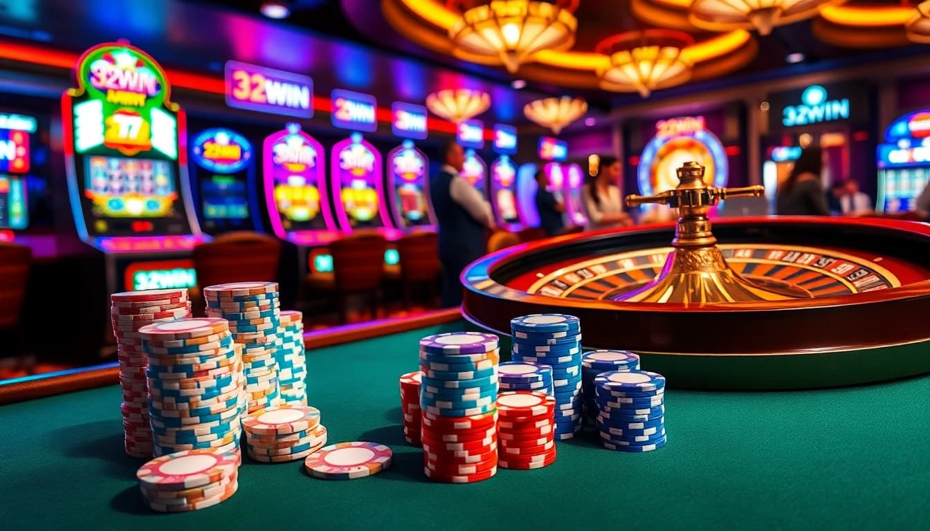 Experience the excitement of casino gaming at 32WIN with vibrant poker chips and thrilling slot machines.