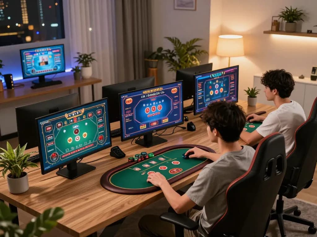Engaging online casino gaming scene on 33win, showing strategic player analyzing poker hands.