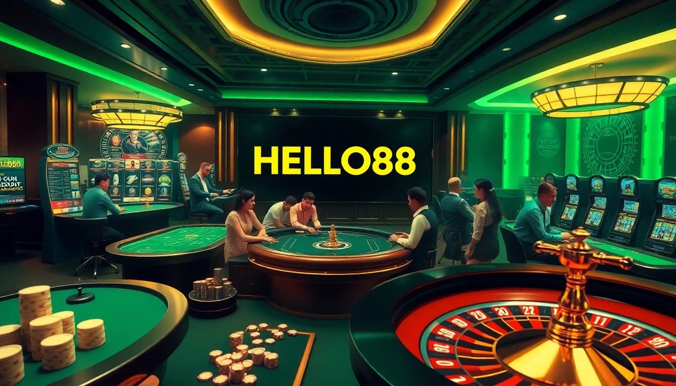 Engage in thrilling gameplay at HELLO88, featuring vibrant casino tables, poker chips, and roulette wheels.