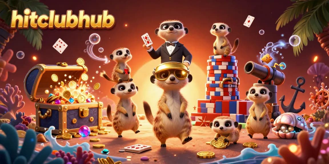 Meerkats preside over a vibrant casino scene at hitclubhub, managing games and treasure.