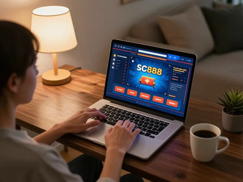 Player engaging with sc888 online casino interface on laptop, showcasing immersive gaming experience