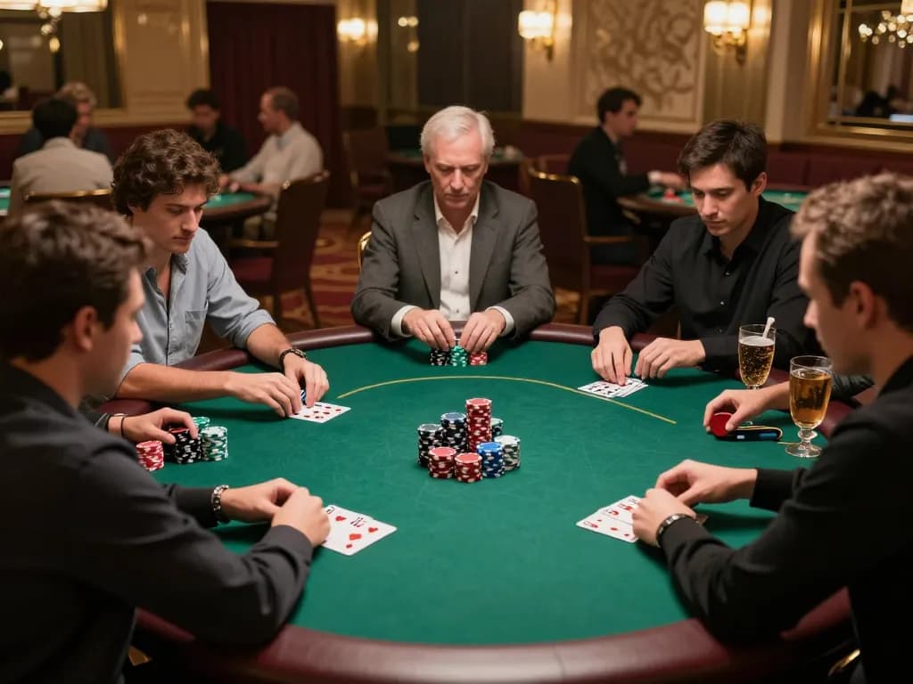 Players engaged in a strategic poker game at https://lc88.jpn.com/, showcasing tension and excitement.