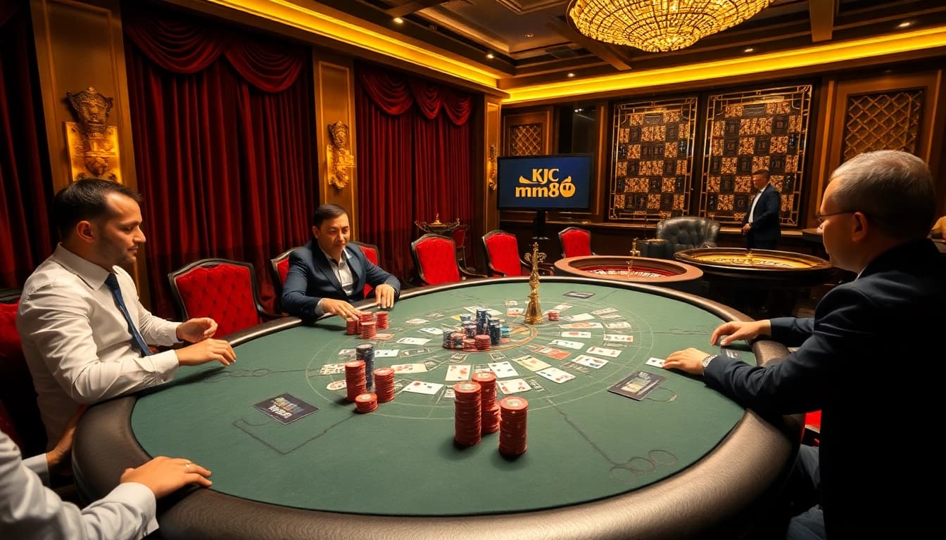 KJC mm88 table with players engaged in a high-stakes poker game, showcasing excitement and professionalism.