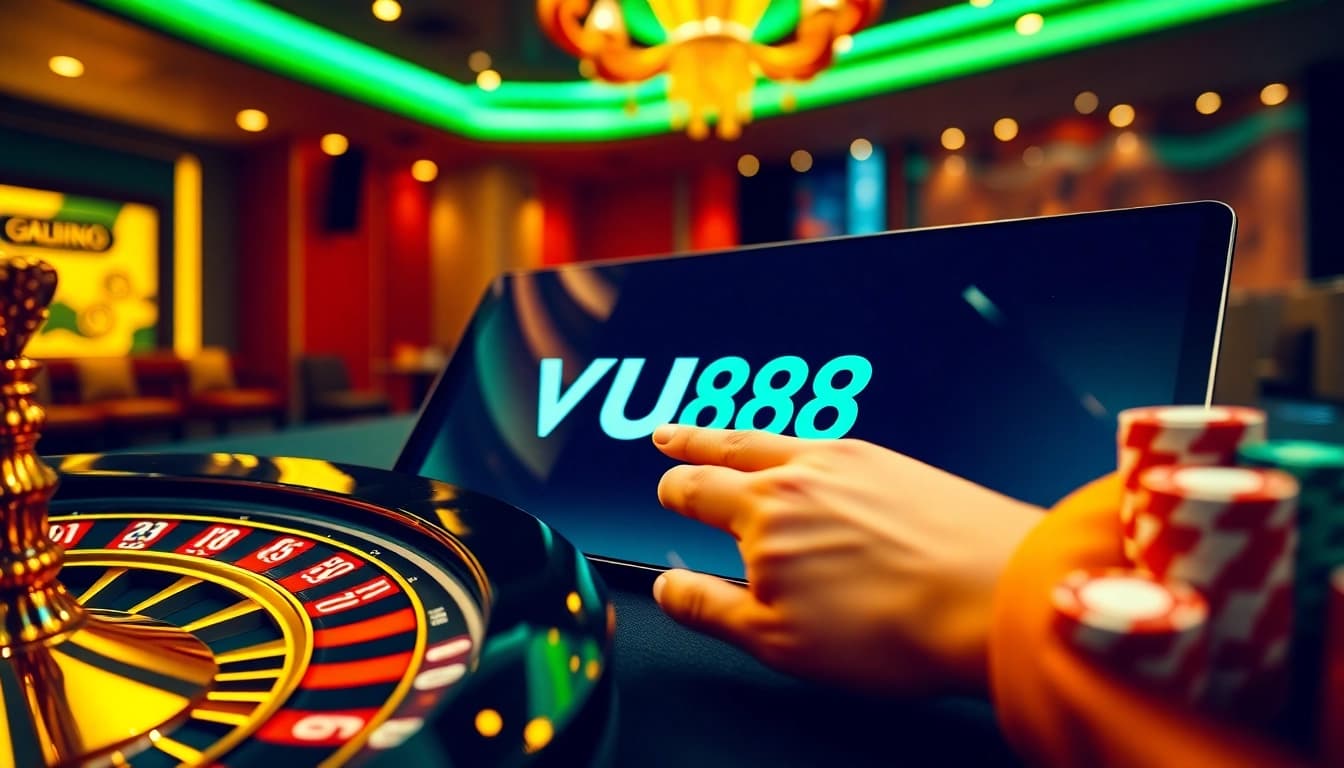 VU88 enriches the gambling experience with vibrant casino visuals featuring roulette wheels and poker chips.