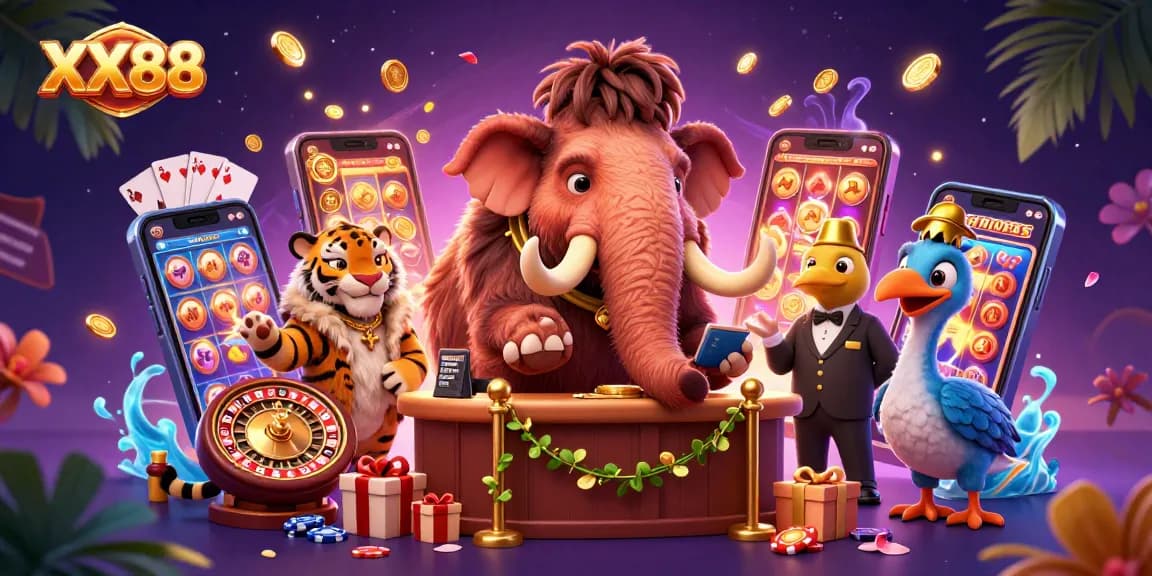 Experience thrilling gameplay at XX88 with a vibrant casino scene featuring unique characters and exciting gaming elements.