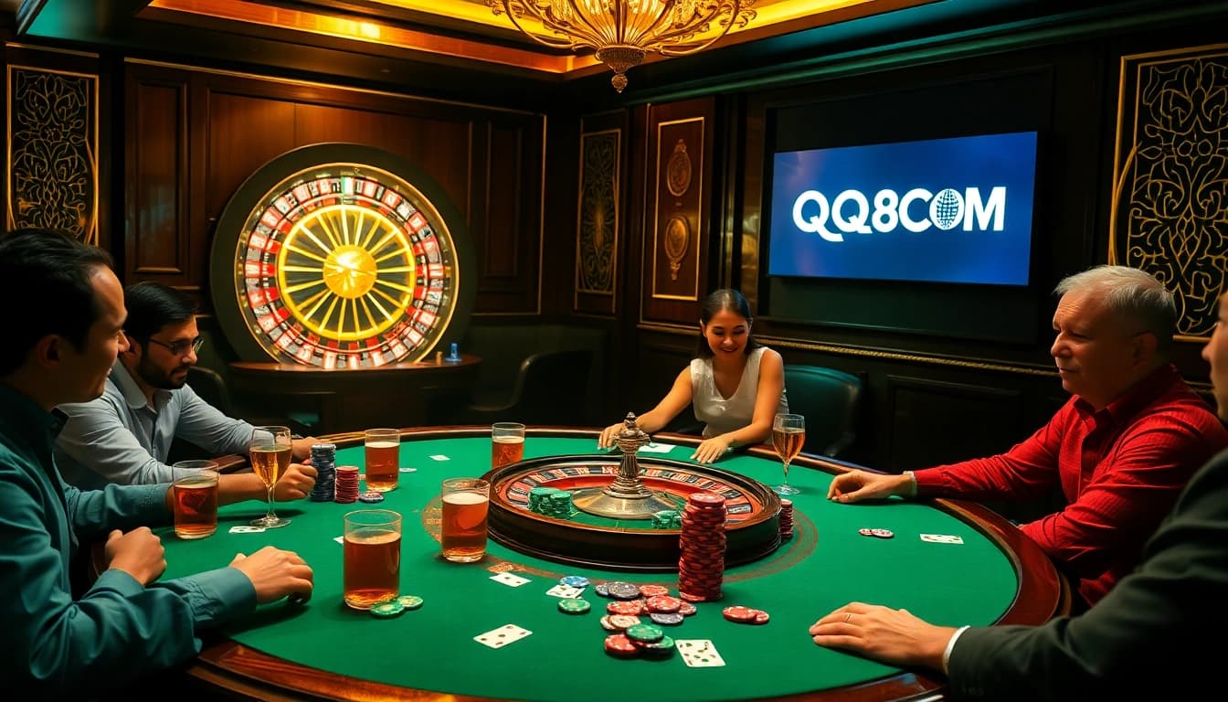Gamblers playing poker at a luxurious table featuring QQ88COM poker chips and cards.